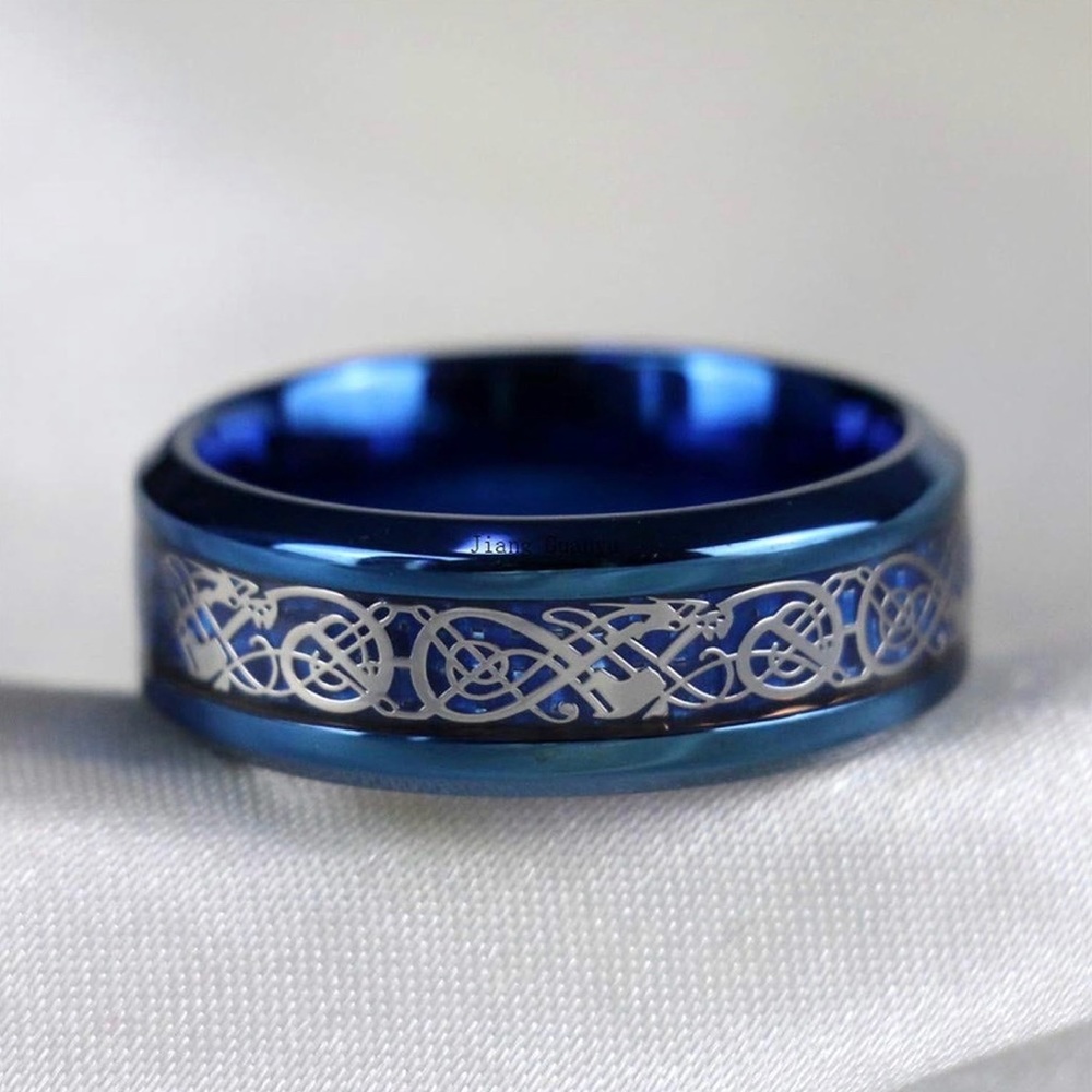 Fantasy Forge Jewelry Electric Blue Tungsten Celtic Dragon Viking Wedding Band